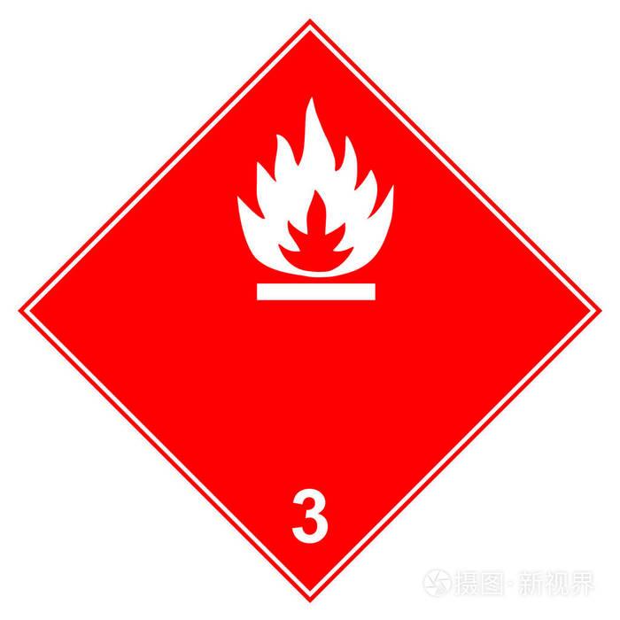 危险品3级易燃物品运输警示标志。红色菱形中的白色火焰图标